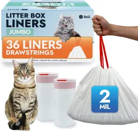 Reli. Cat Litter Box Liners (36 Count), Jumbo | Drawstring Litter Box Liner | Heavy Duty for Cat Pan, Pet Waste | Kitty Poop Bags, Drawstring Handles (White)
