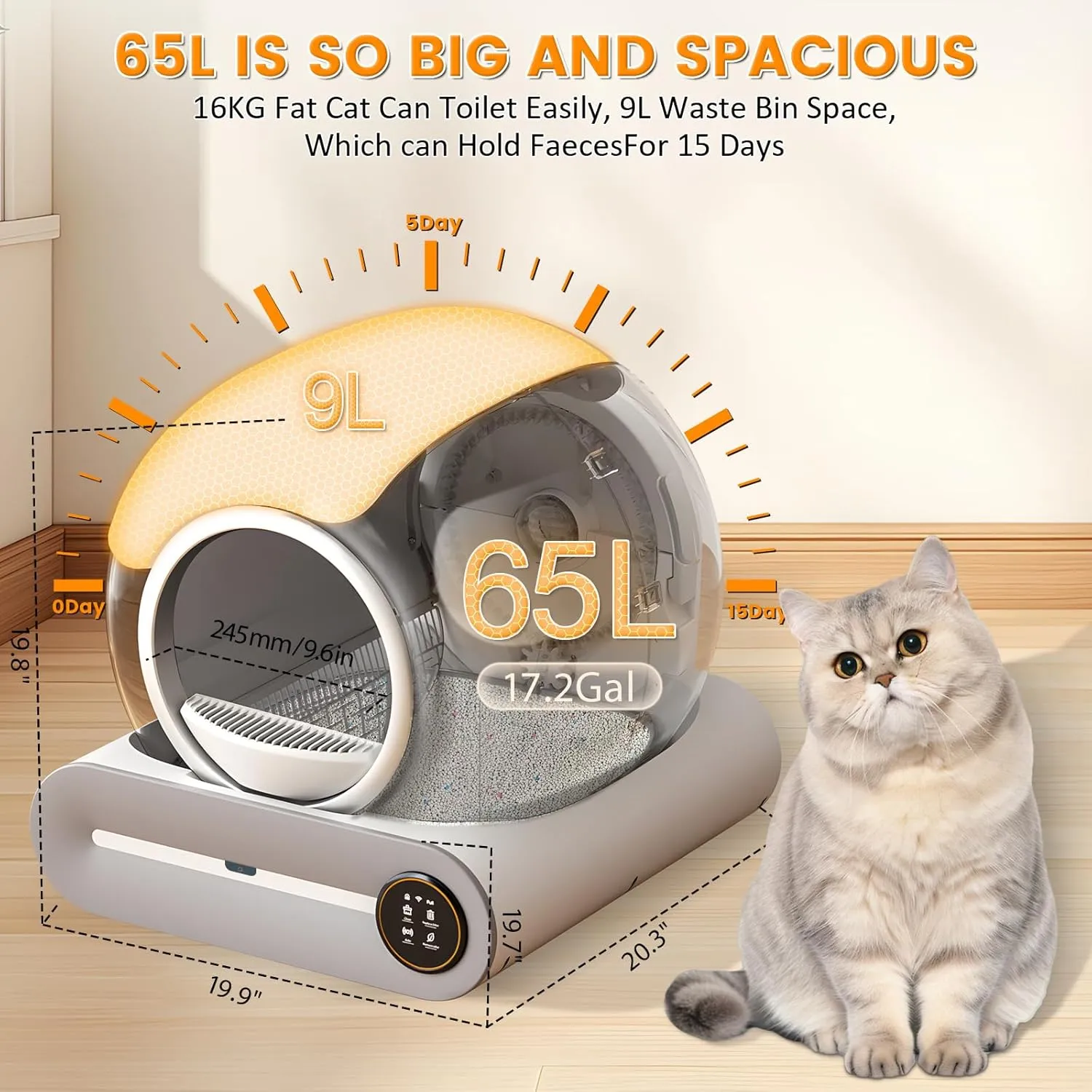 Self Cleaning Cat Litter Box, 65L  9 L Extra Large Robot Automatic Litter Box for Multiple Cats, APP Control, Deodorization & Negative ion Sterilization,[White]