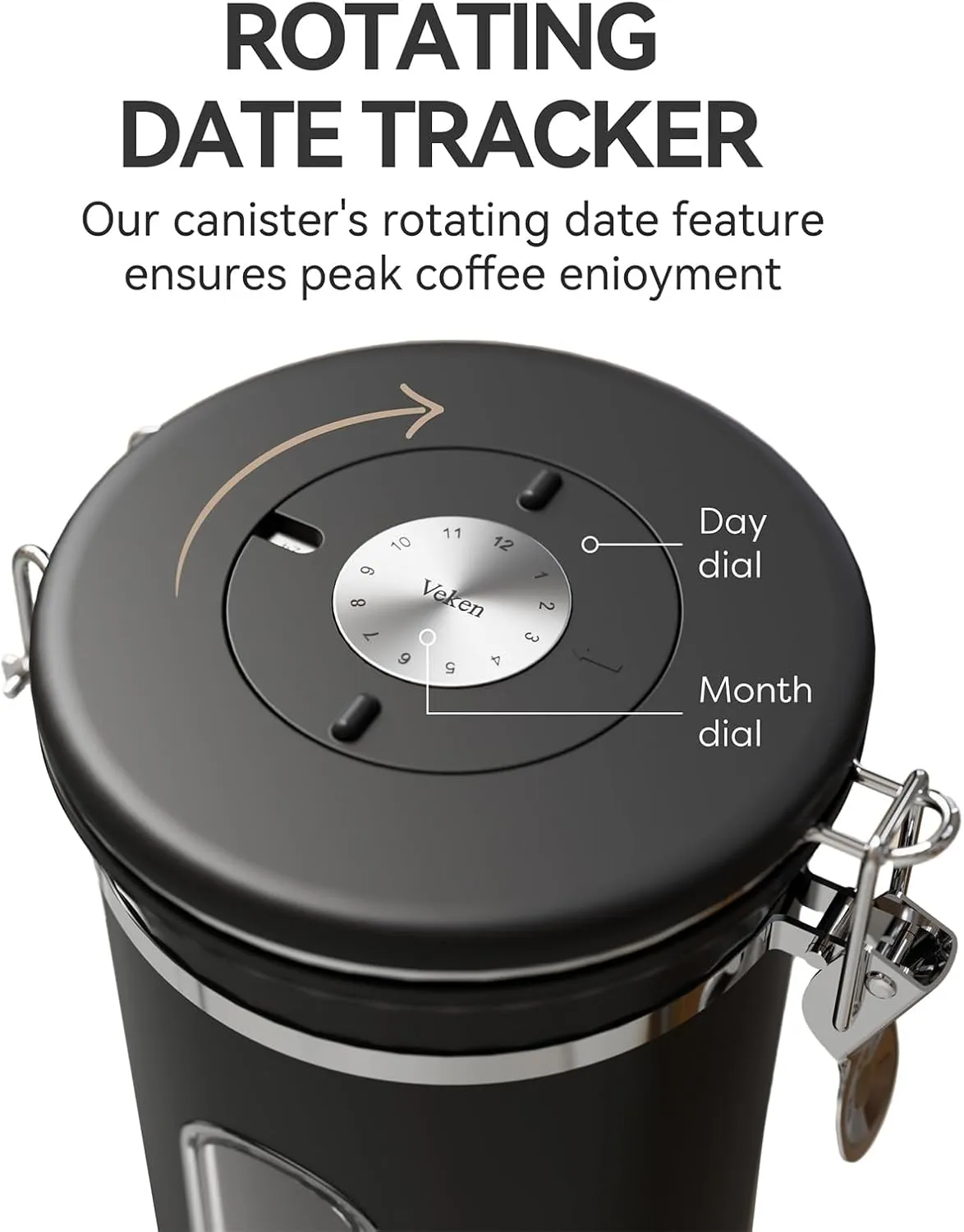 Veken Coffee Canister with Window,Coffee Bar Accessories,Airtight Stainless Steel Kitchen Food Storage Container Lover Gifts,Date Tracker and Scoop for Grounds,Beans,Tea, Sugar,Flour,Cereal,22OZ,Black
