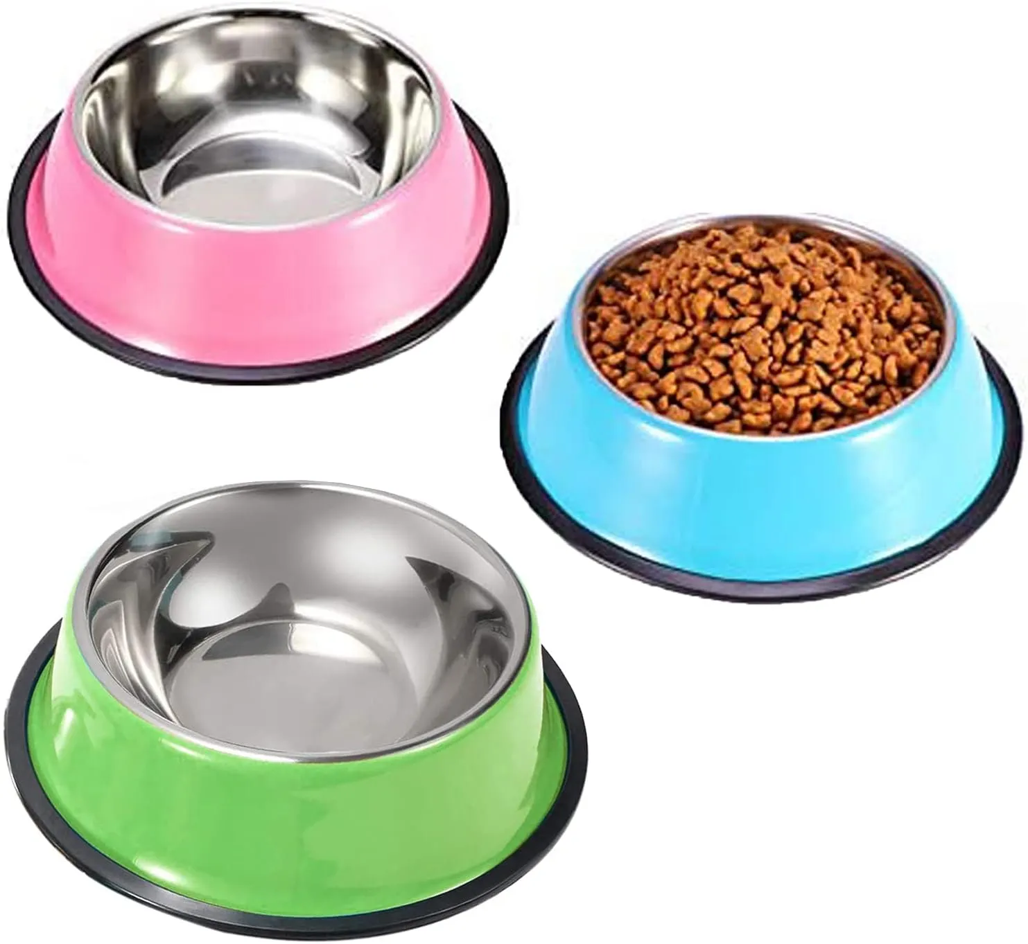 YUDANSI Stainless Steel Shallow Cat Bowls 3 Pack, Puppy Small Dogs Feeder for Food Water, Lightweight Small Pet Dish Set Multi-color for Wet Food Kibble Treats, Non Slip Anti Overturning Feeding Plate